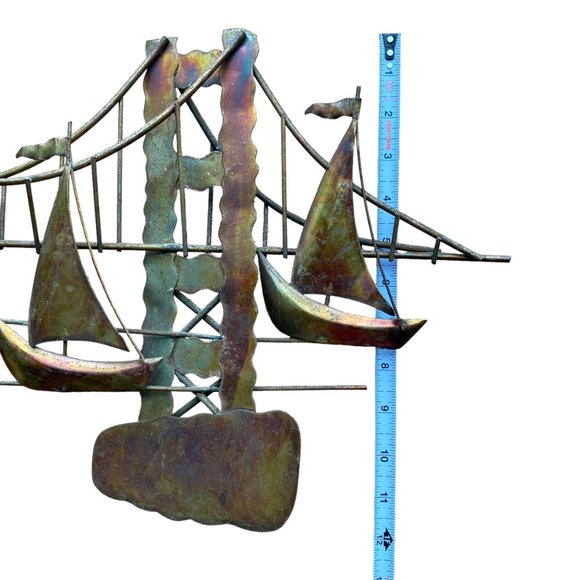 Vintage Mid Century Copper Metal Brutalist Style Wall Hanging Sailboats Bridge - Picture 9 of 16